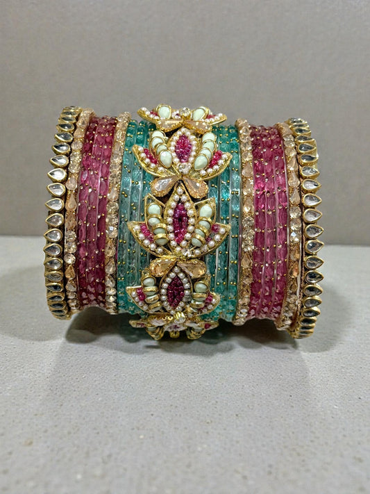 Trisha त्रिशा Handmade Bridal Glass Bangles in Pink & Mint in 2.10
