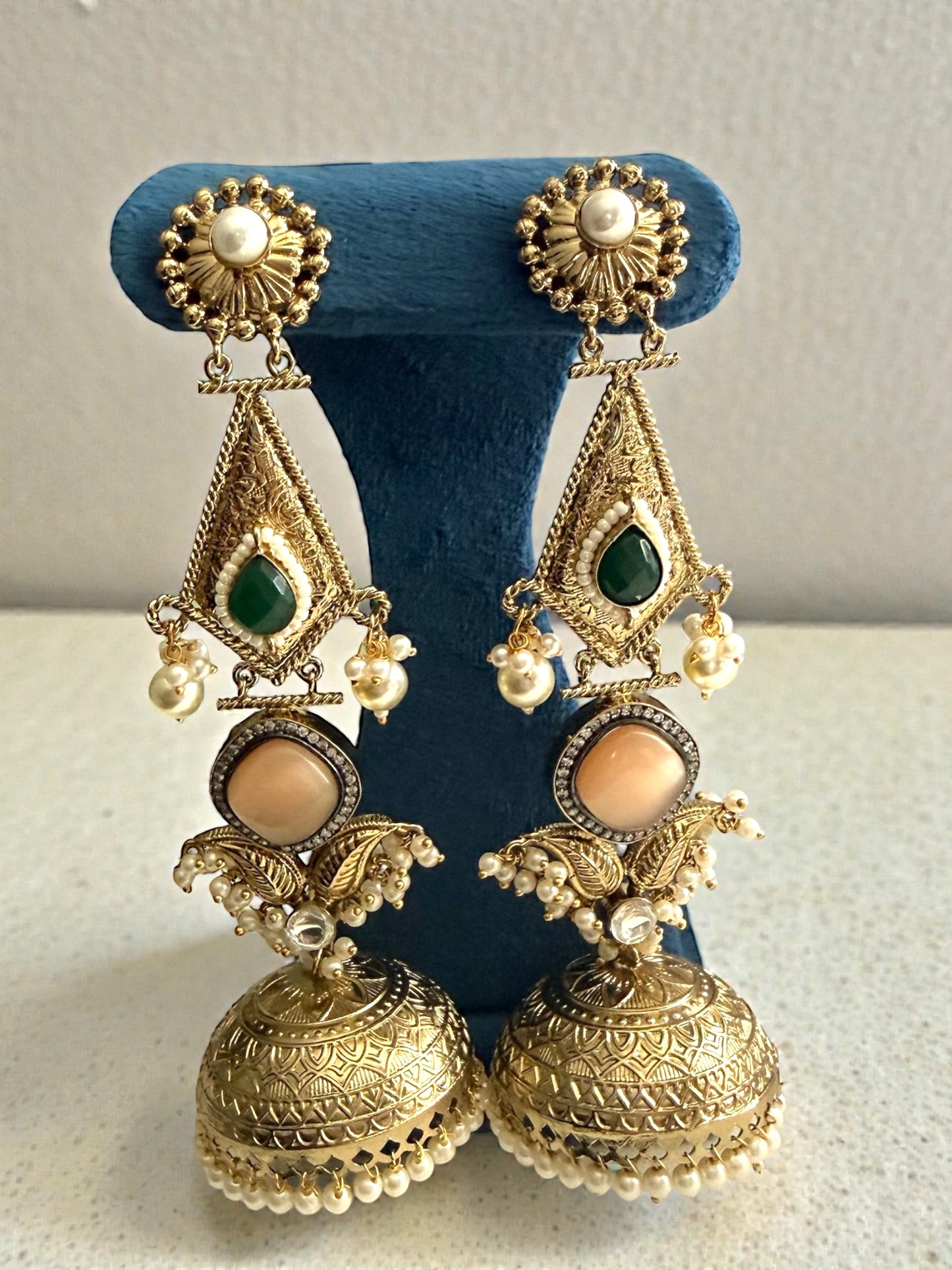 Devanshi देवांशी Lightweight Heritage Jhumkay in Peach and Green