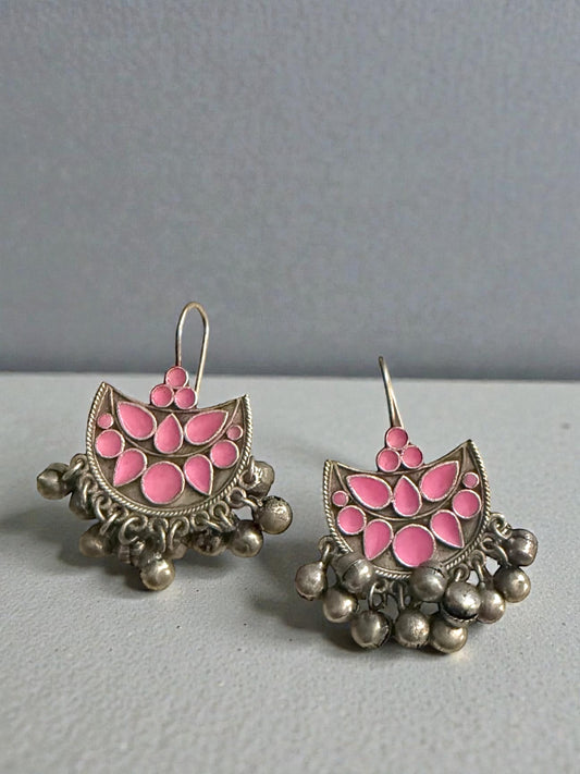 Nisma نسمة Silver Plated Meenkaari Earrings with Bells in Pink