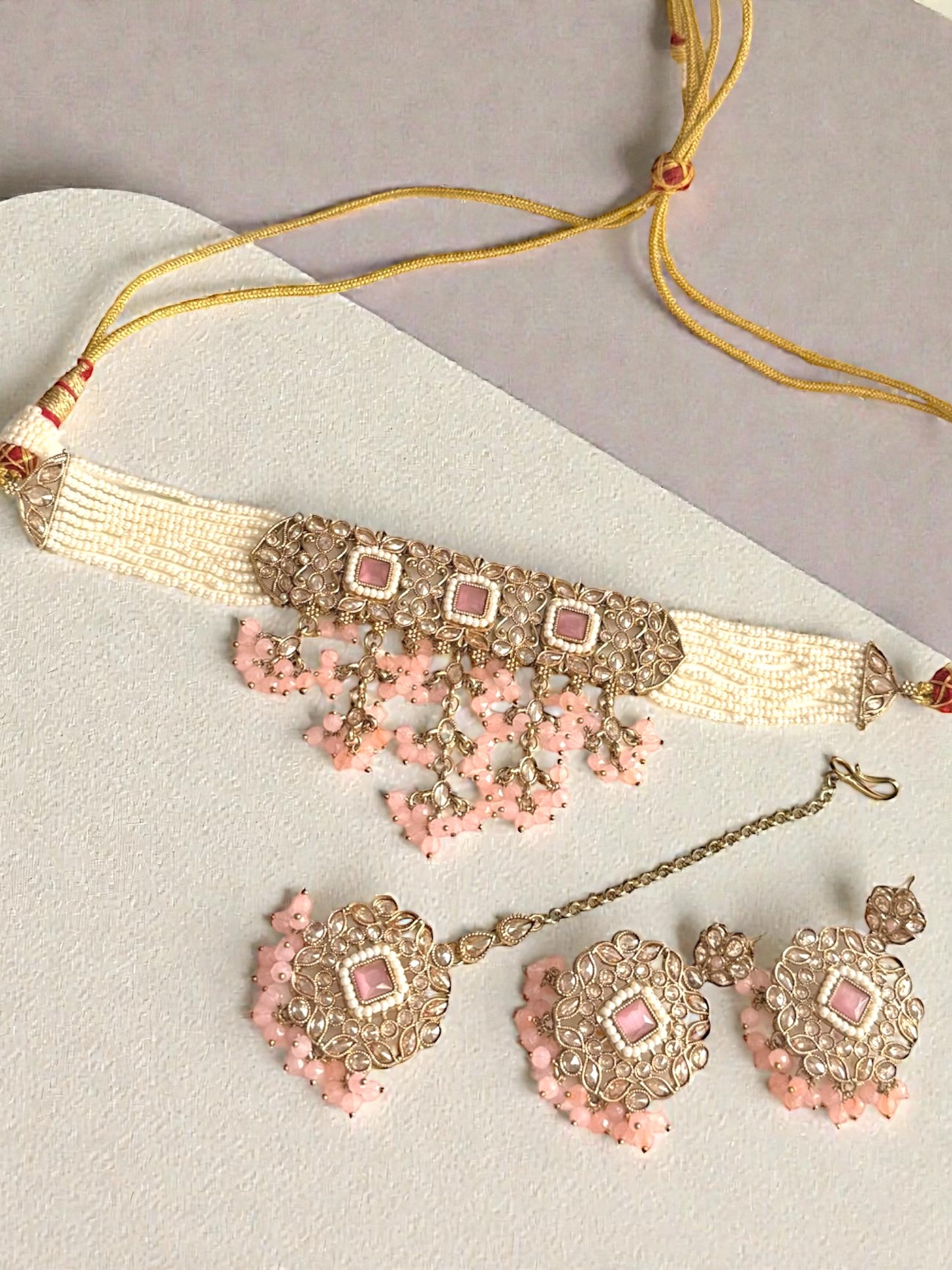 Rabab رباب Polki Waterfall Choker Set in Pink