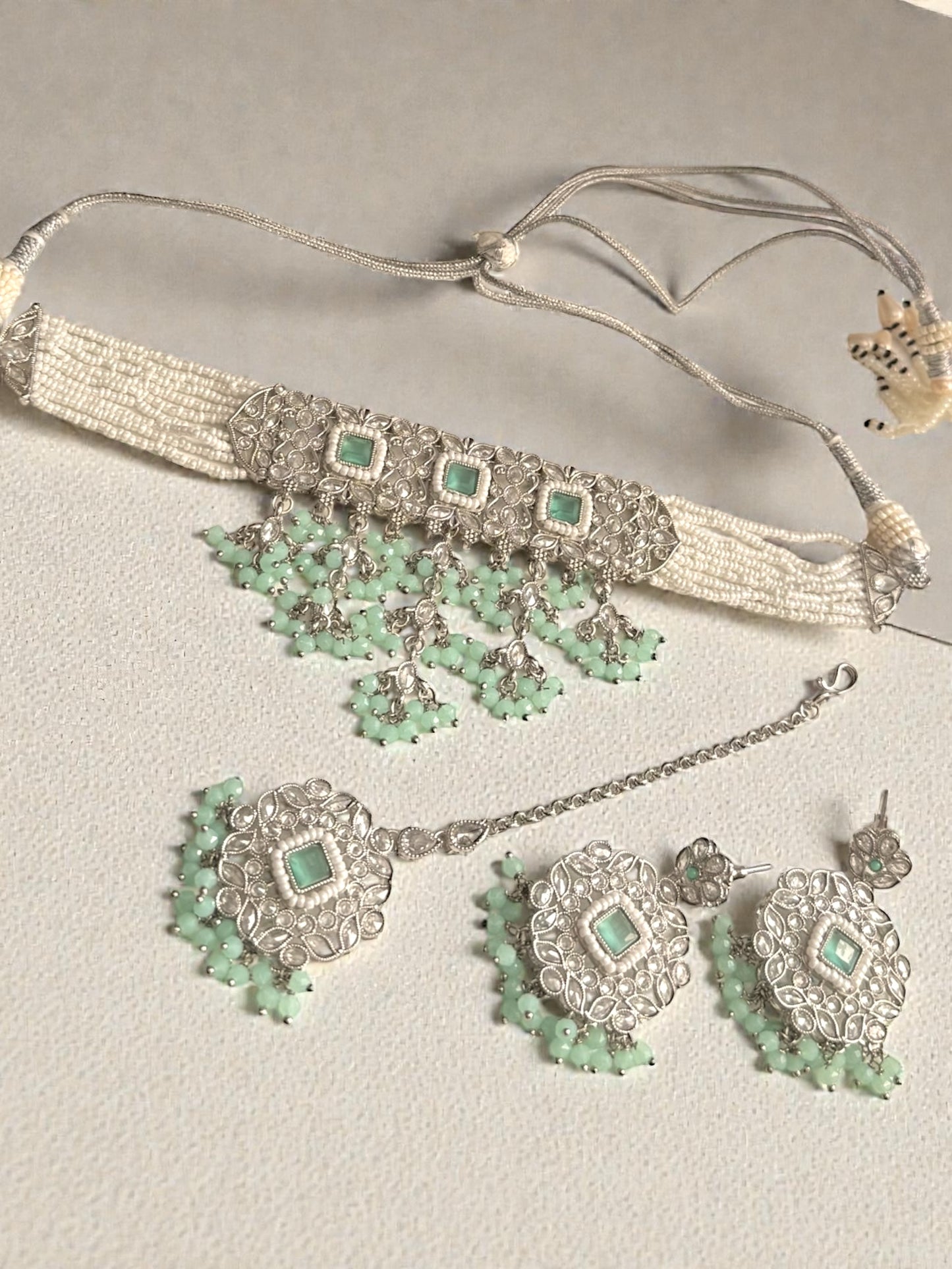 Rabab رباب Polki Waterfall Choker Set in Mint