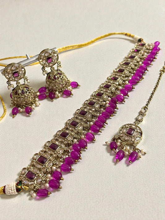 Sidra سدرة Polki Choker Set in Purple