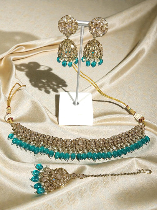 Basira بصيرة Polki Choker Set in Teal Blue