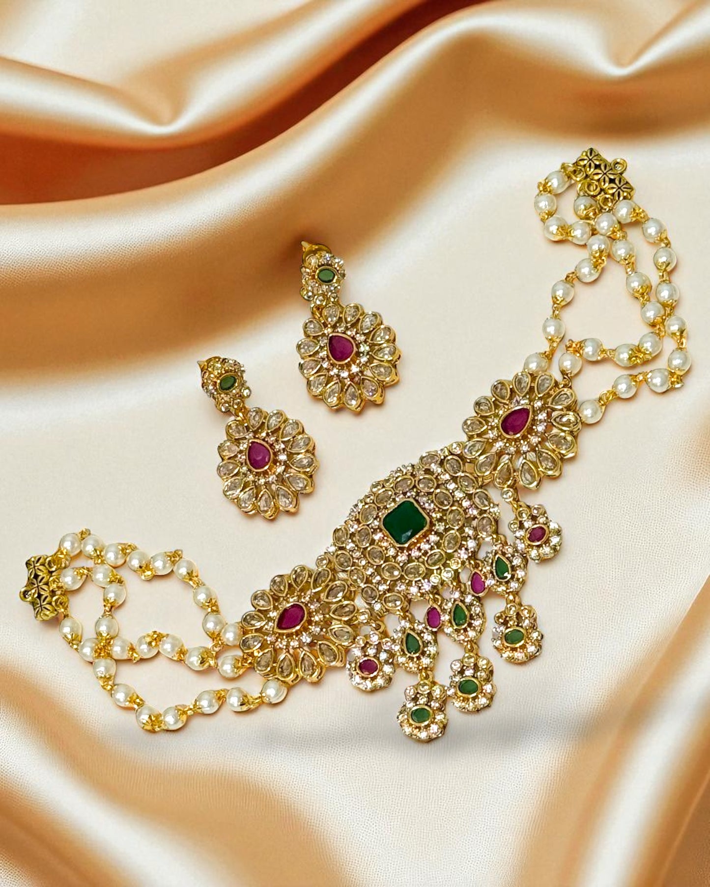 Joohi जूही Kemp Choker Set in Ruby & Green
