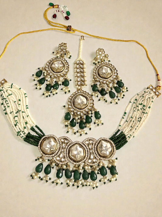 Zina زينة Kundan Choker Set in Green