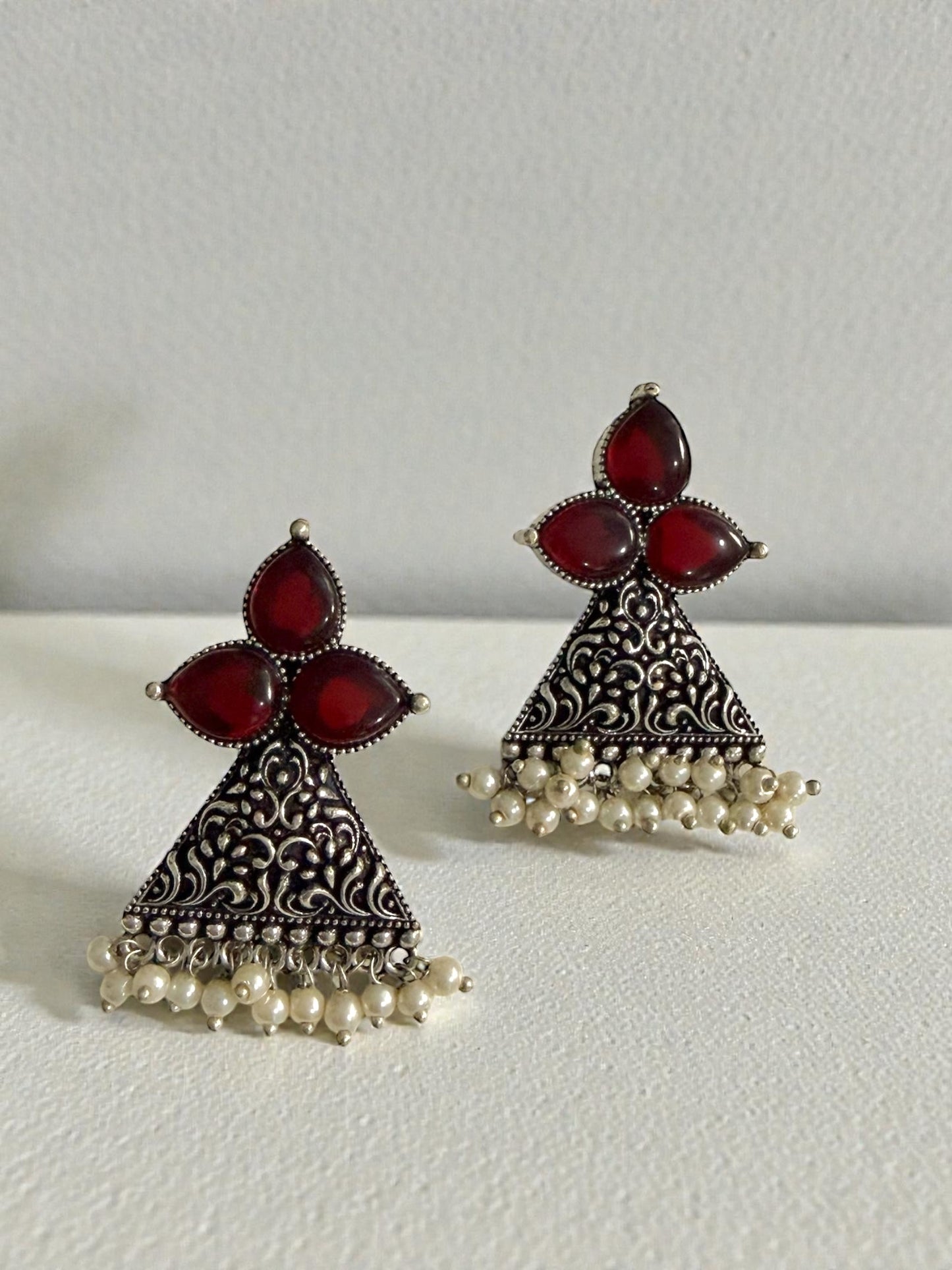 Suna سنا Silver Plated Earrings in Maroon
