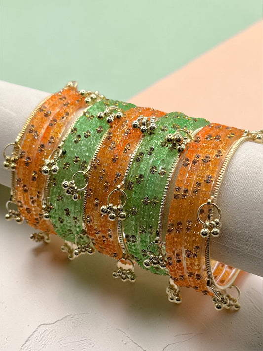 Sabah صباح Viral Orange and Mint Kashmiri Glass Bangles in Size 2.6