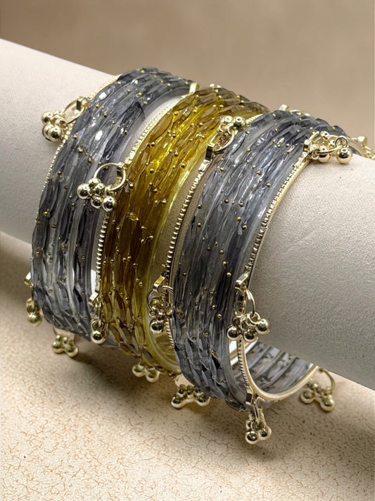 Sarra سراء Viral Moody Grey and Olive Kashmiri Glass Bangles in Size 2.8