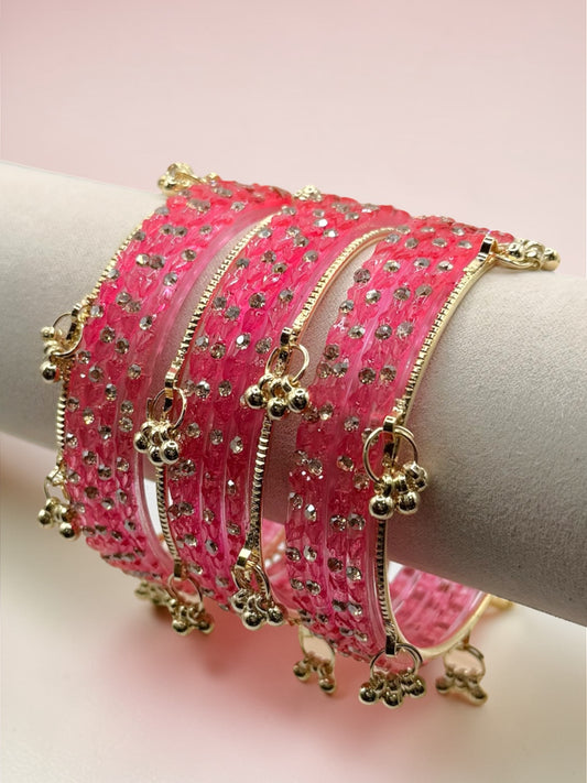 Tahira طاهرة Viral Pink Dot Kashmiri Glass Bangles in Size 2.8