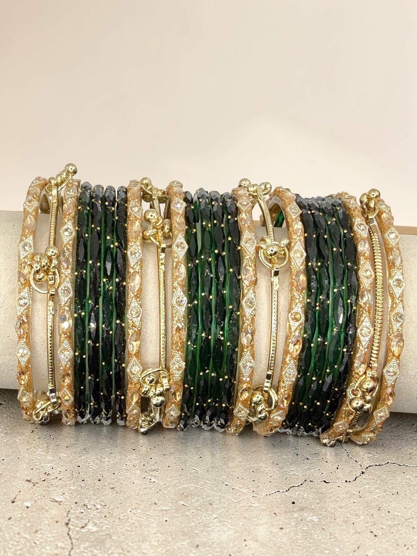 Zahra زهراء Viral Green and Gold Kashmiri Glass Bangles in Sizes 2.4, 2,6, and 2.8