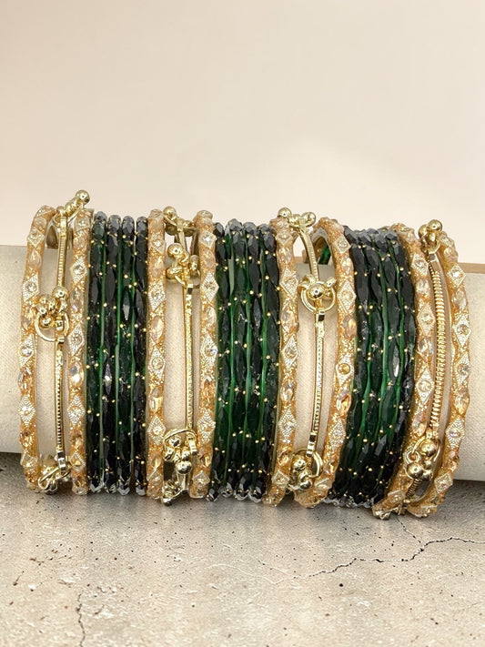 Zahra زهراء Viral Green and Gold Kashmiri Glass Bangles in Sizes 2.4, 2,6, and 2.8