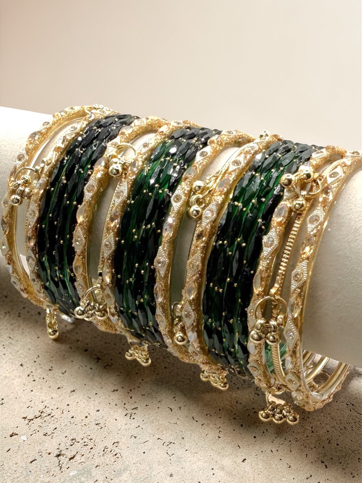 Zahra زهراء Viral Green and Gold Kashmiri Glass Bangles in Sizes 2.4, 2,6, and 2.8
