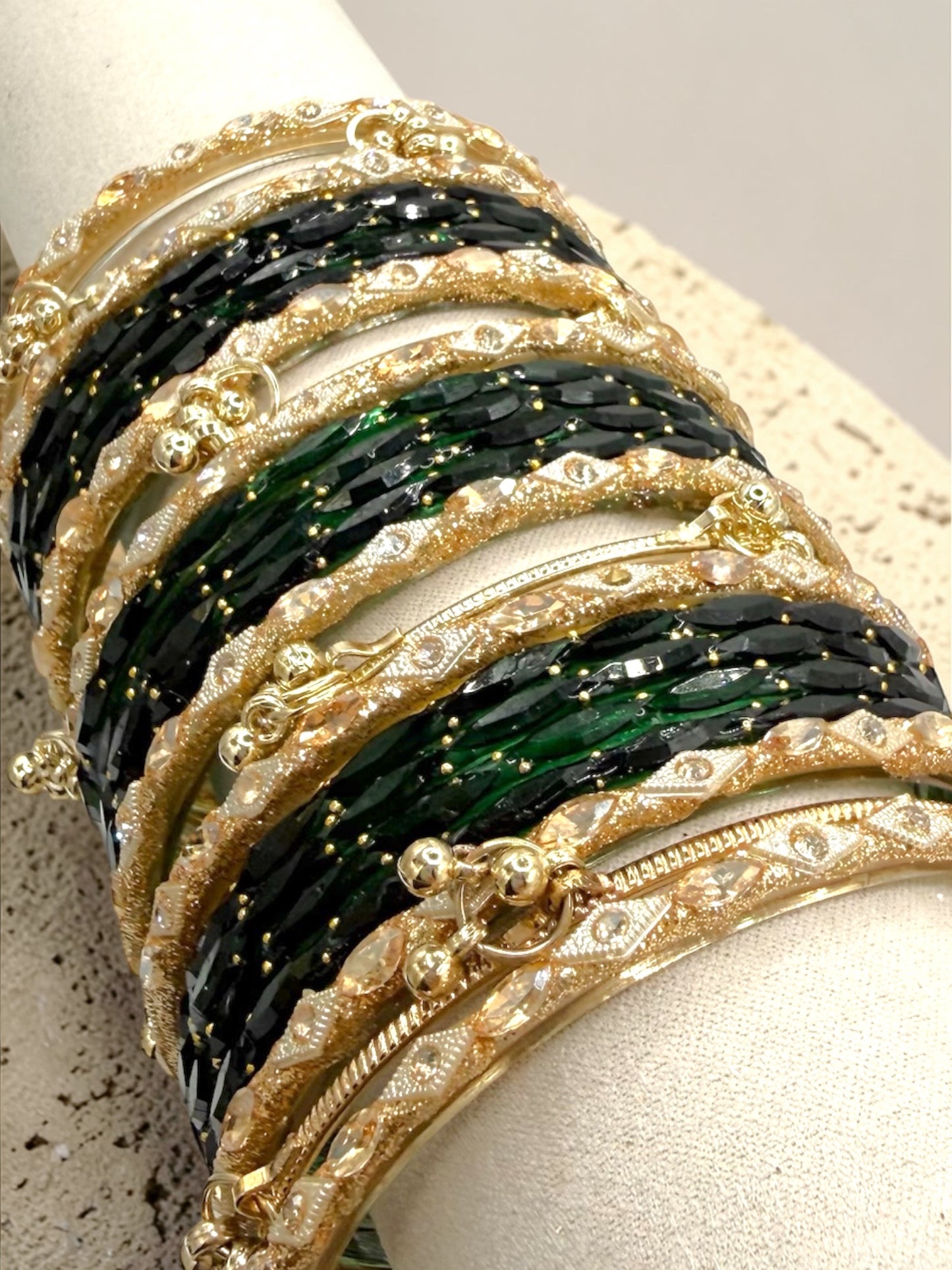 Zahra زهراء Viral Green and Gold Kashmiri Glass Bangles in Sizes 2.4, 2,6, and 2.8