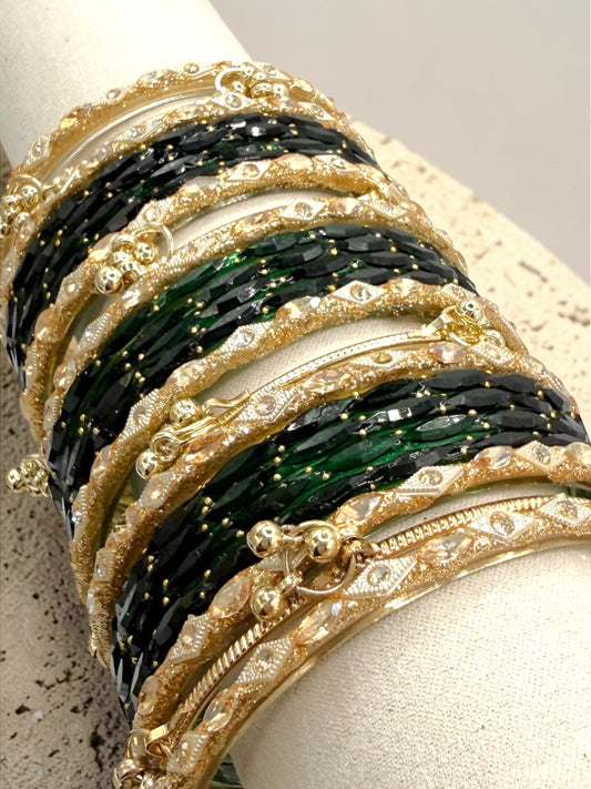 Zahra زهراء Viral Green and Gold Kashmiri Glass Bangles in Sizes 2.4, 2,6, and 2.8