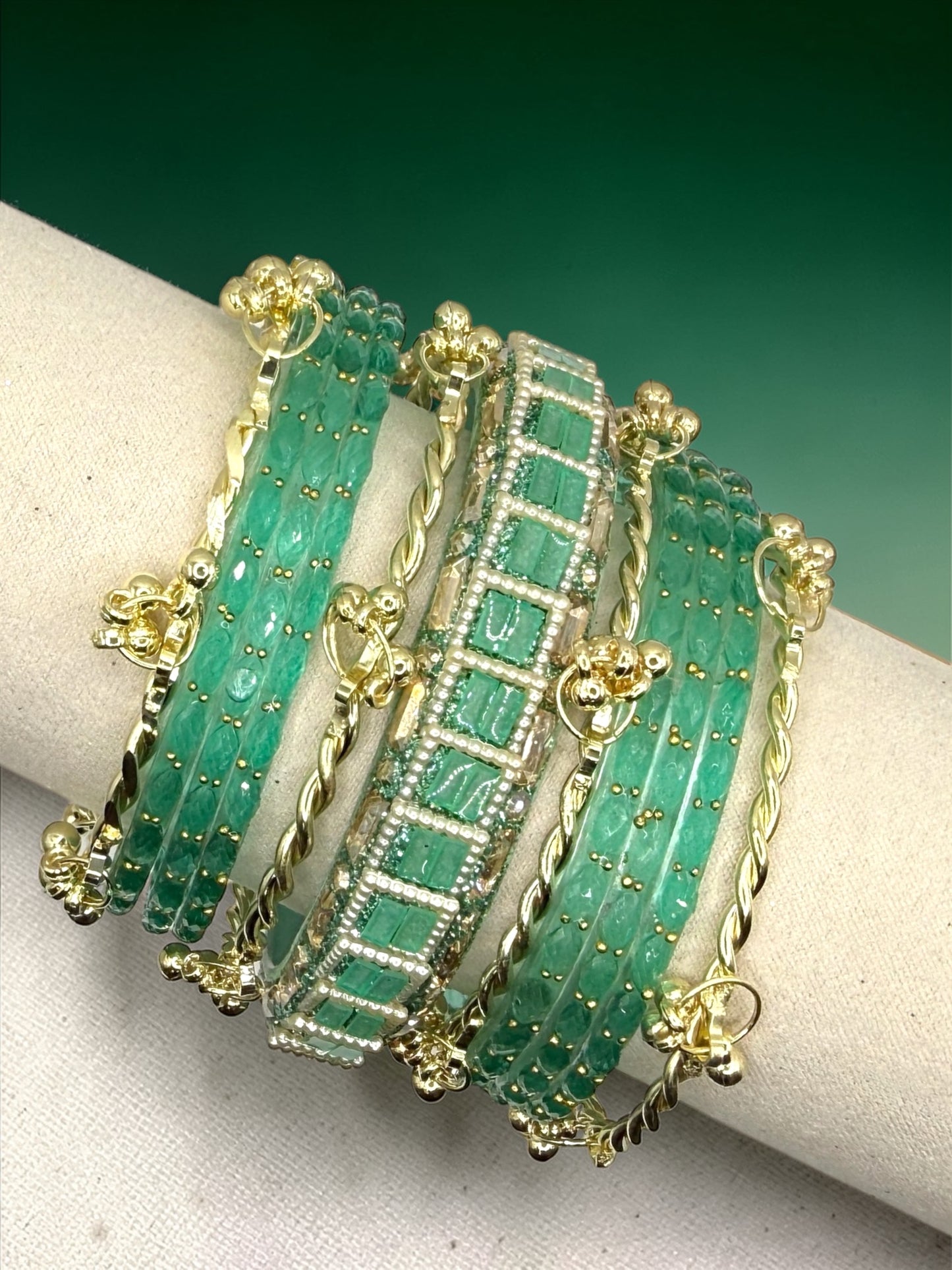 Arwa أروى Viral Mint Kashmiri Glass Bangles in Sizes 2.4 and 2.6 with Premium Kashmiri Kaday