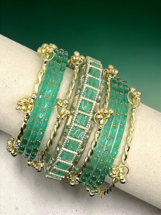 Arwa أروى Viral Mint Kashmiri Glass Bangles in Sizes 2.4 and 2.6 with Premium Kashmiri Kaday