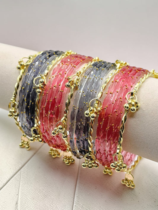 Atia عطية Viral Pink and Grey Kashmiri Glass Bangles in Sizes 2.4 and 2.6 with Premium Kashmiri Kaday