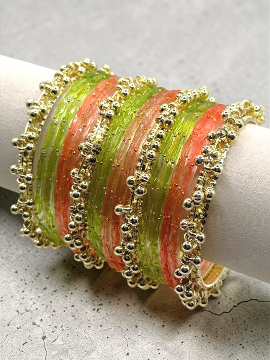 Malika مليكة Viral Coral and Mint Kashmiri Glass Bangles in Sizes 2.6 and 2.8