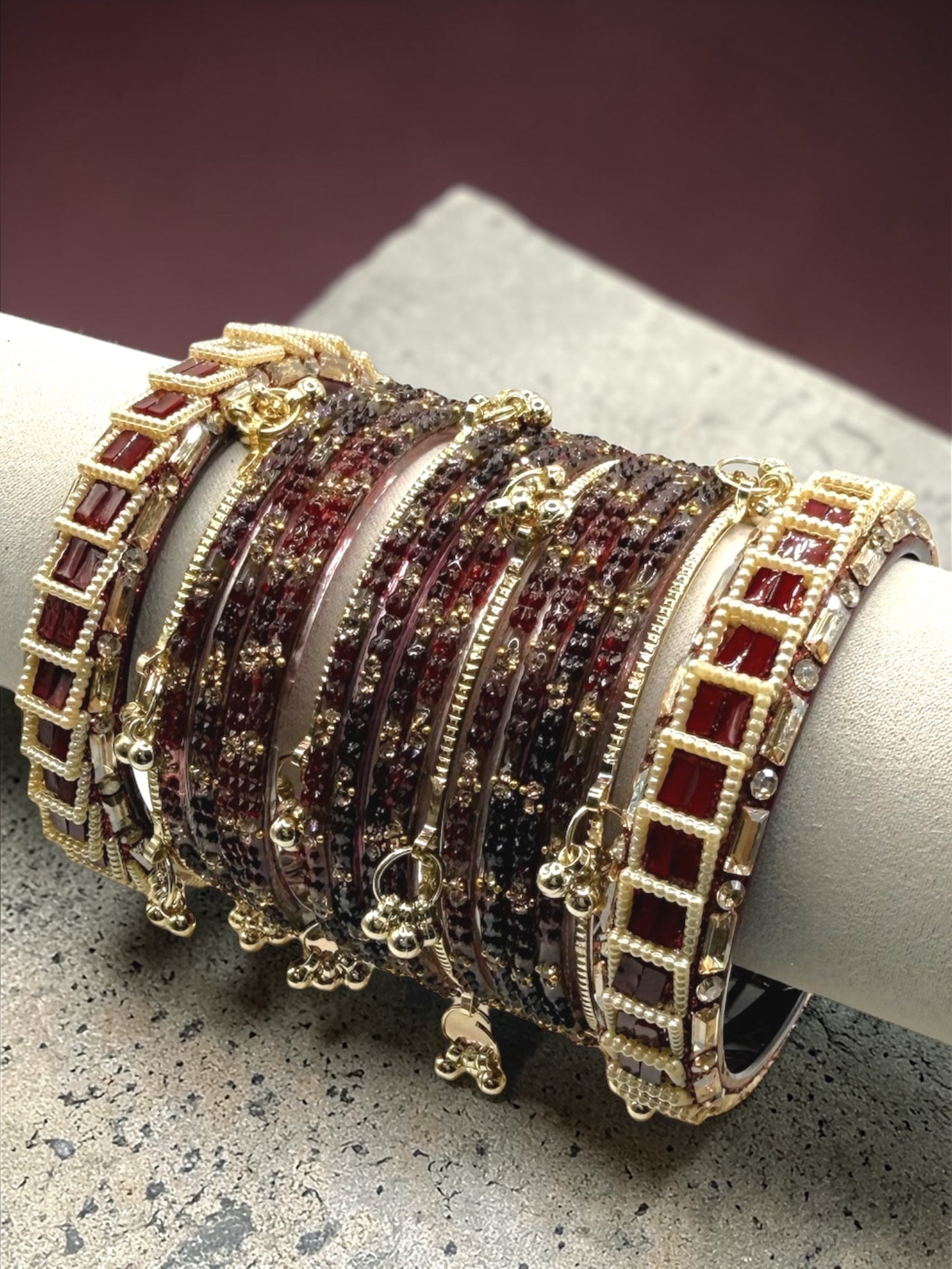 Rubaia ربيعة Viral Burgundy Kashmiri Glass Bangles in Sizes 2.4, 2.6, and 2.8