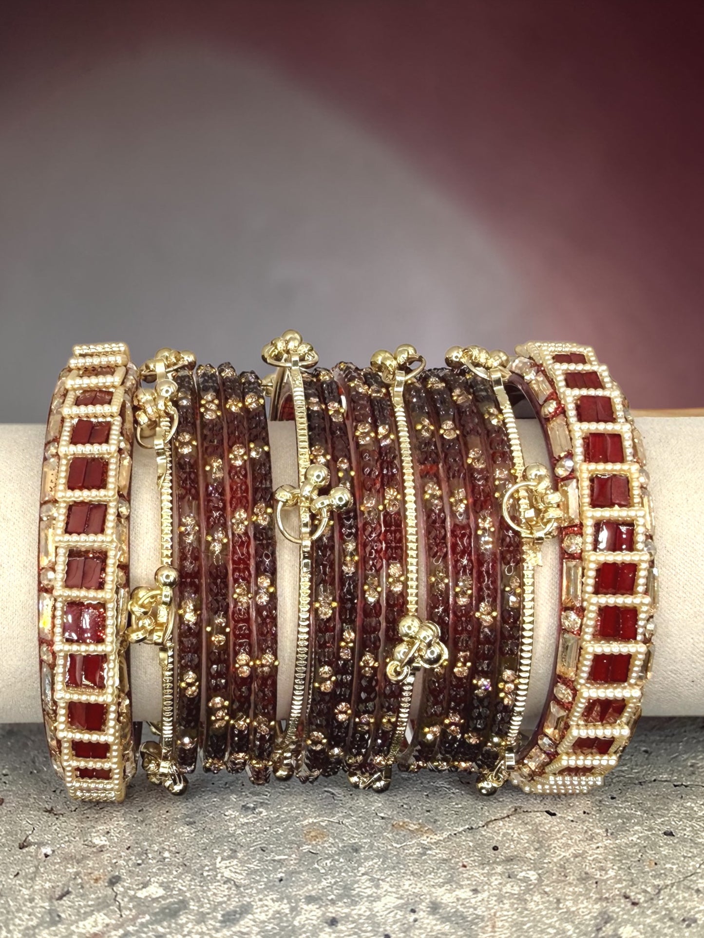 Rubaia ربيعة Viral Burgundy Kashmiri Glass Bangles in Sizes 2.4, 2.6, and 2.8