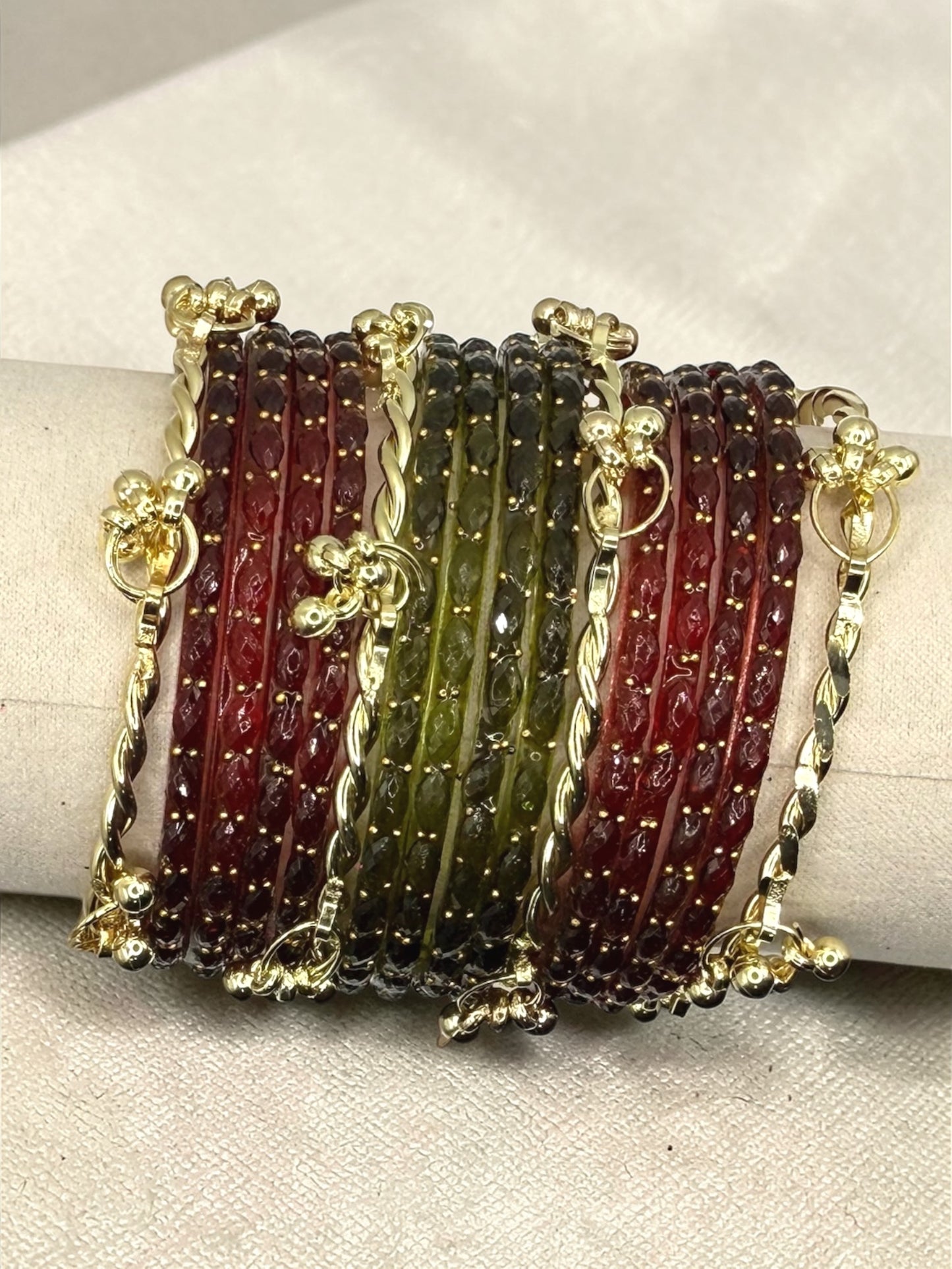 Sadiqa صديقة Viral Moody Maroon and Olive Kashmiri Glass Bangles in Size 2.2 with Premium Kashmiri Kaday
