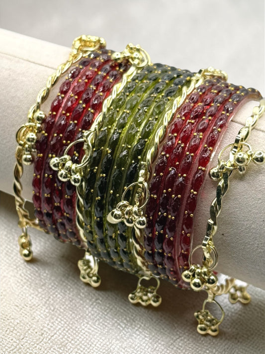 Sadiqa صديقة Viral Moody Maroon and Olive Kashmiri Glass Bangles in Size 2.2 with Premium Kashmiri Kaday