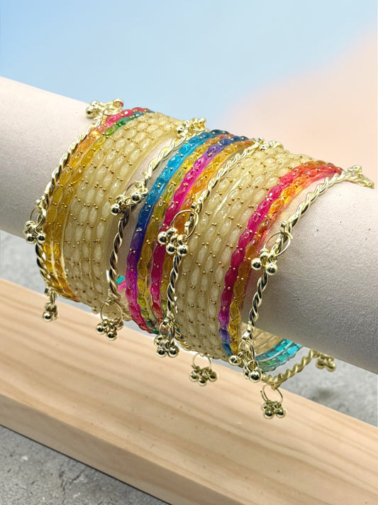 Bahira باهرة Viral Multicolor and Off White Kashmiri Glass Bangles in Size 2.4 and 2.6 with Premium Kashmiri Kaday
