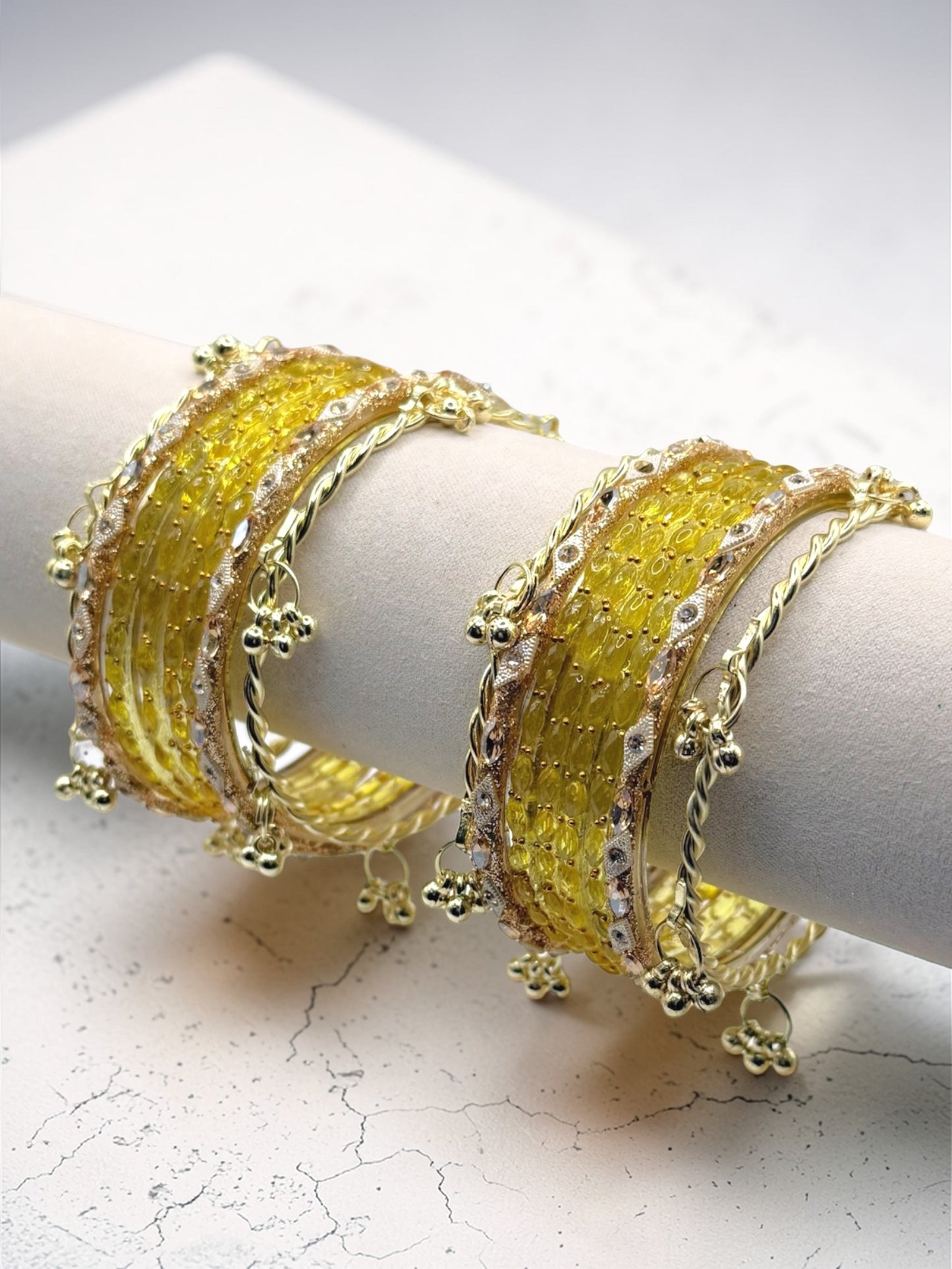 Israa إسراء Viral Yellow Kashmiri Glass Bangles in Size 2.6 and 2.8 with Premium Kashmiri Kaday