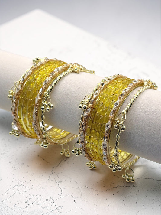 Israa إسراء Viral Yellow Kashmiri Glass Bangles in Size 2.6 and 2.8 with Premium Kashmiri Kaday