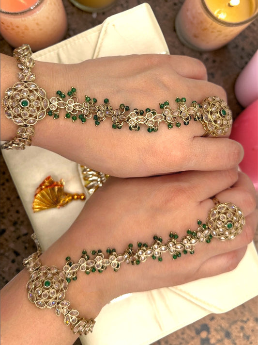 Yamika यामिका Polki Hand Chain Pair in Green with Adjustable Ring and Bracelet