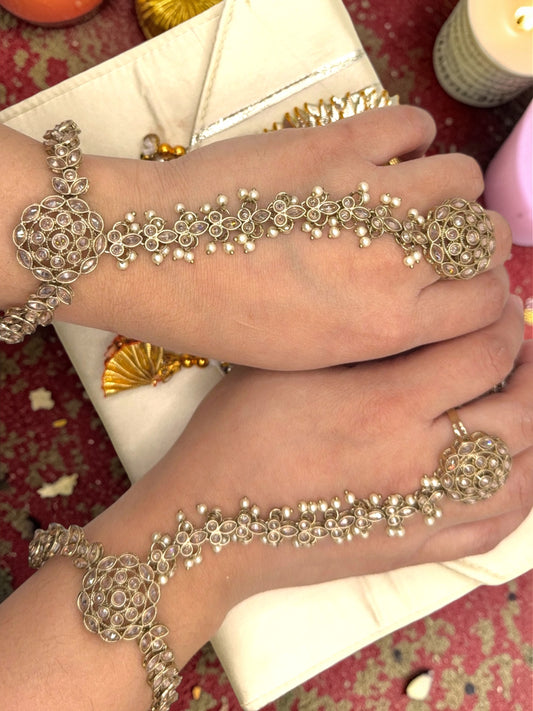 Yamika यामिका Polki Hand Chain Pair in Gold with Adjustable Ring and Bracelet