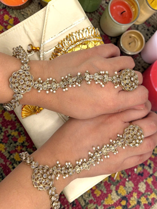 Yamika यामिका Polki Hand Chain Pair in White Gold with Adjustable Ring and Bracelet