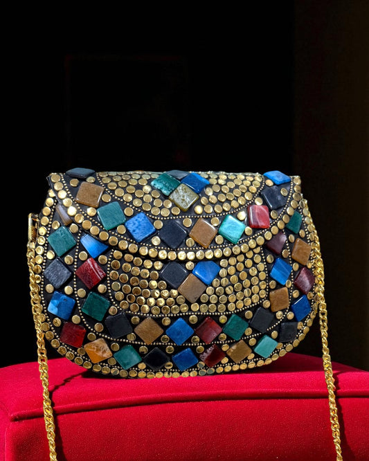 Zavya زاويا Gold Brass Clutch with Multicolor Work