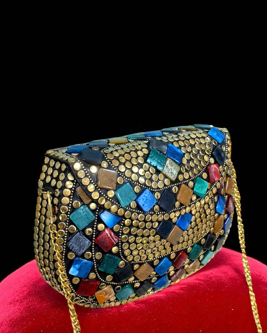 Zavya زاويا Gold Brass Clutch with Multicolor Work