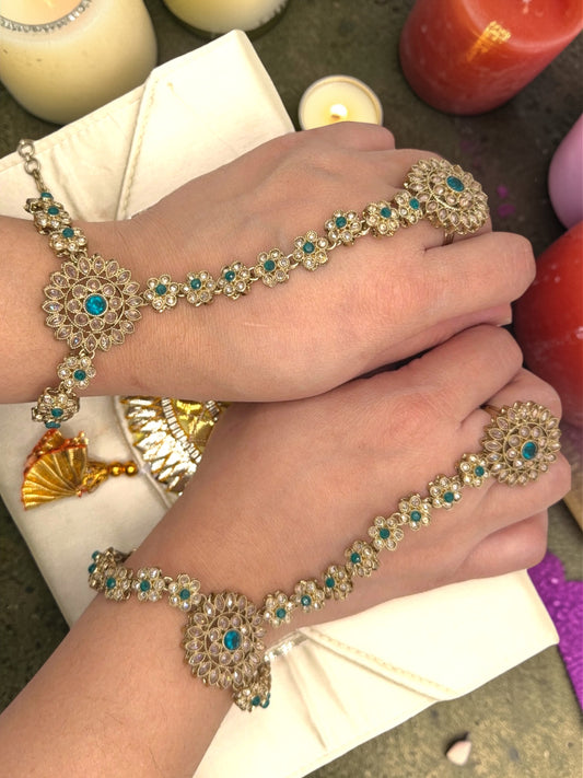 Kalyani कल्याणी Polki Hand Chain Pair in Teal with Adjustable Ring and Bracelet