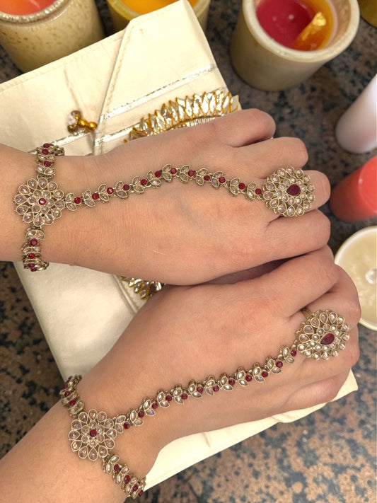 Tarini तारिणी Polki Hand Chain Pair in Red with Adjustable Ring and Bracelet