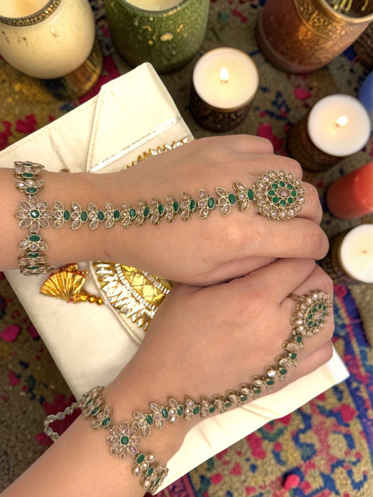 Padma पद्मा Polki Hand Chain Pair in Green with Adjustable Ring and Bracelet