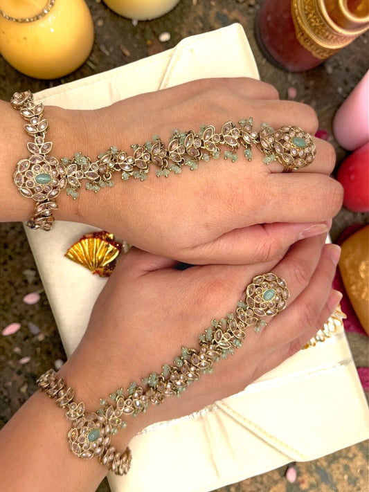 Bhavya भव्य Polki Hand Chain Pair in Mint with Adjustable Ring and Bracelet