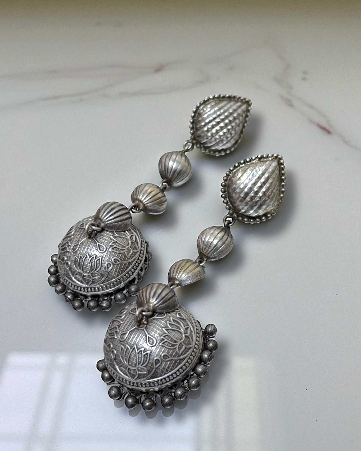 Vivaan विवान Silver Plated Brass Lotus Jhumkay