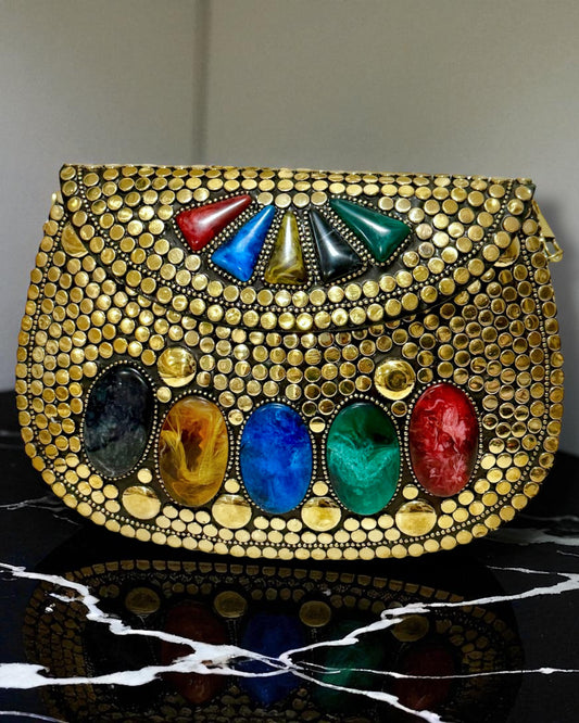 Rubina روبينا Gold Brass Clutch with Multicolor Work