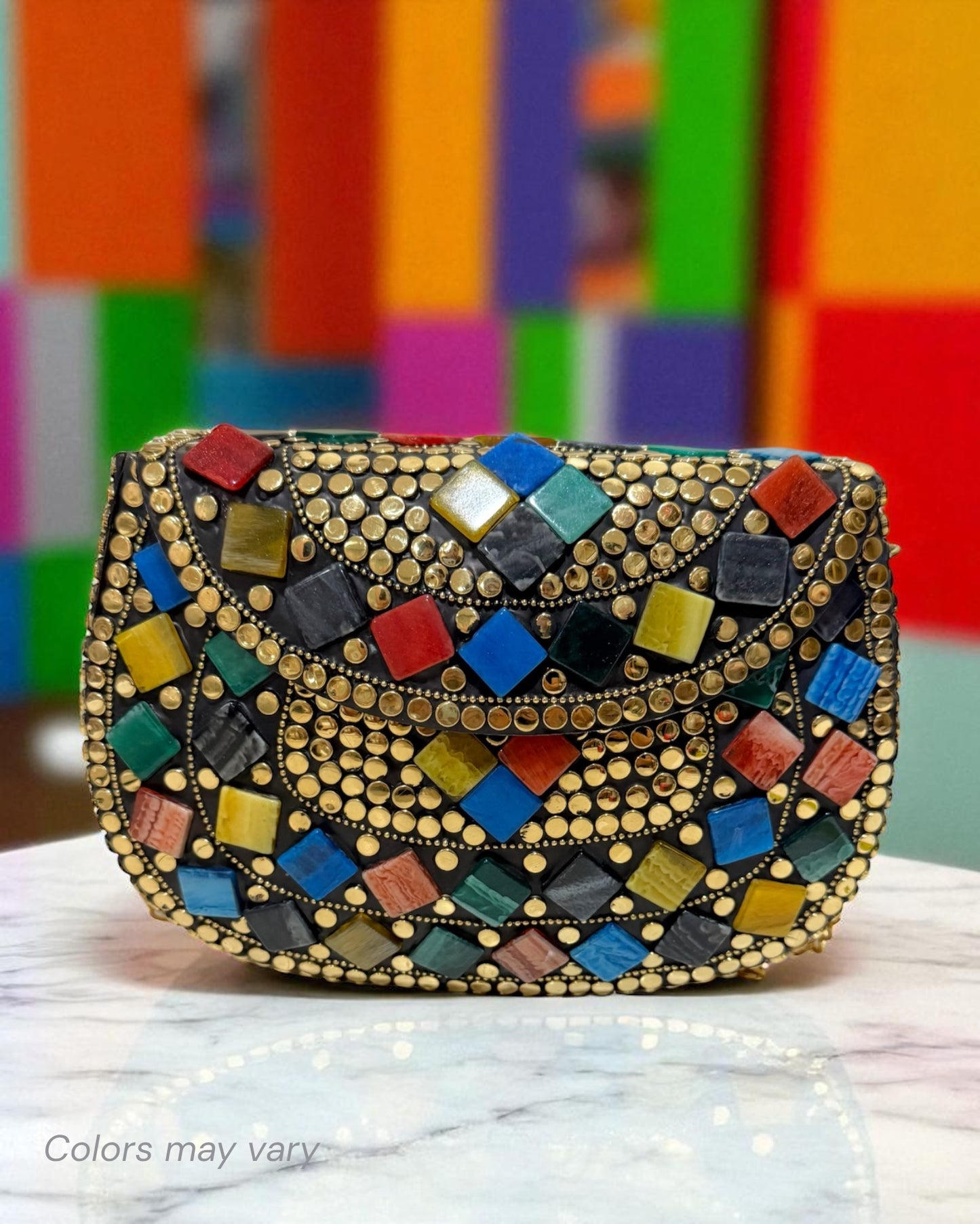 Zavya زاويا Gold Brass Clutch with Multicolor Work
