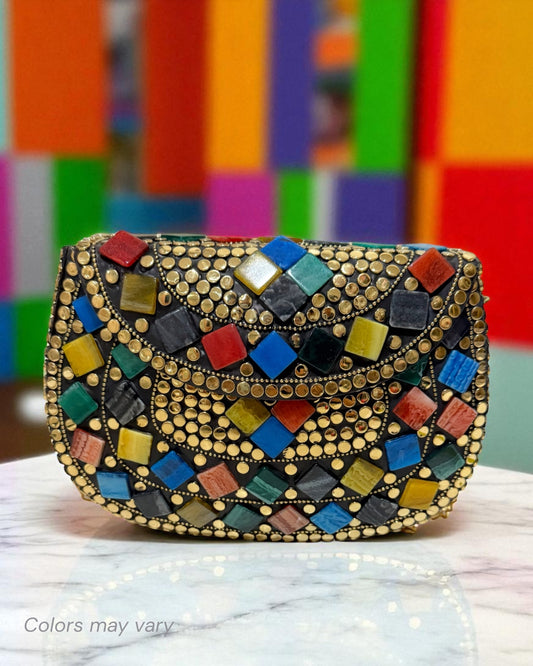Zavya زاويا Gold Brass Clutch with Multicolor Work
