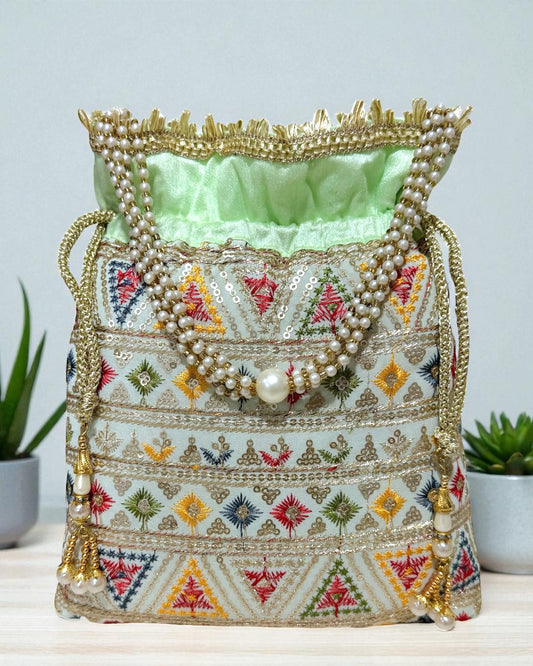 Dalia داليا Embroidered Potli Bag in Mint Green
