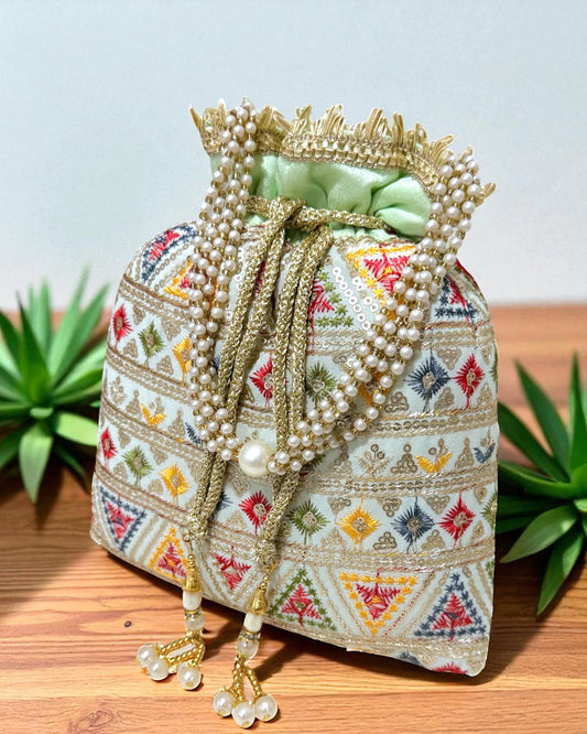 Dalia داليا Embroidered Potli Bag in Mint Green