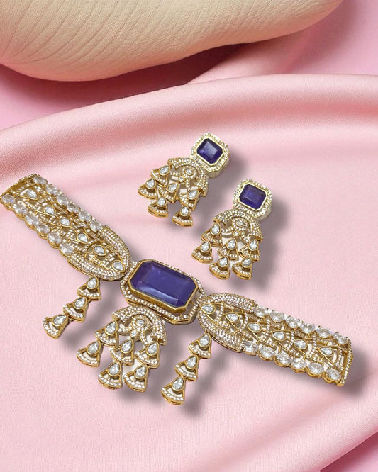 Faiza فائزة Gold Plated Tyaani Kundan Choker Set with Doublet Stone in Purple