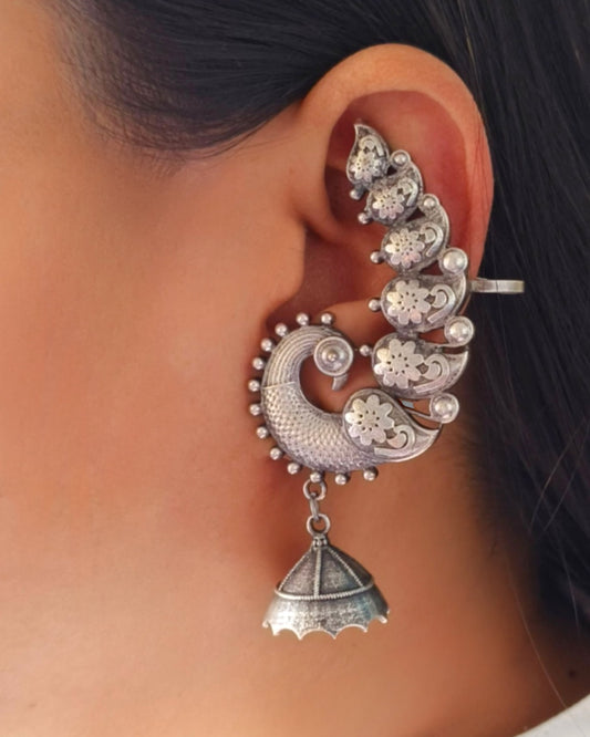 Peacock Silver Plated Jhumkay Earring Cuffs