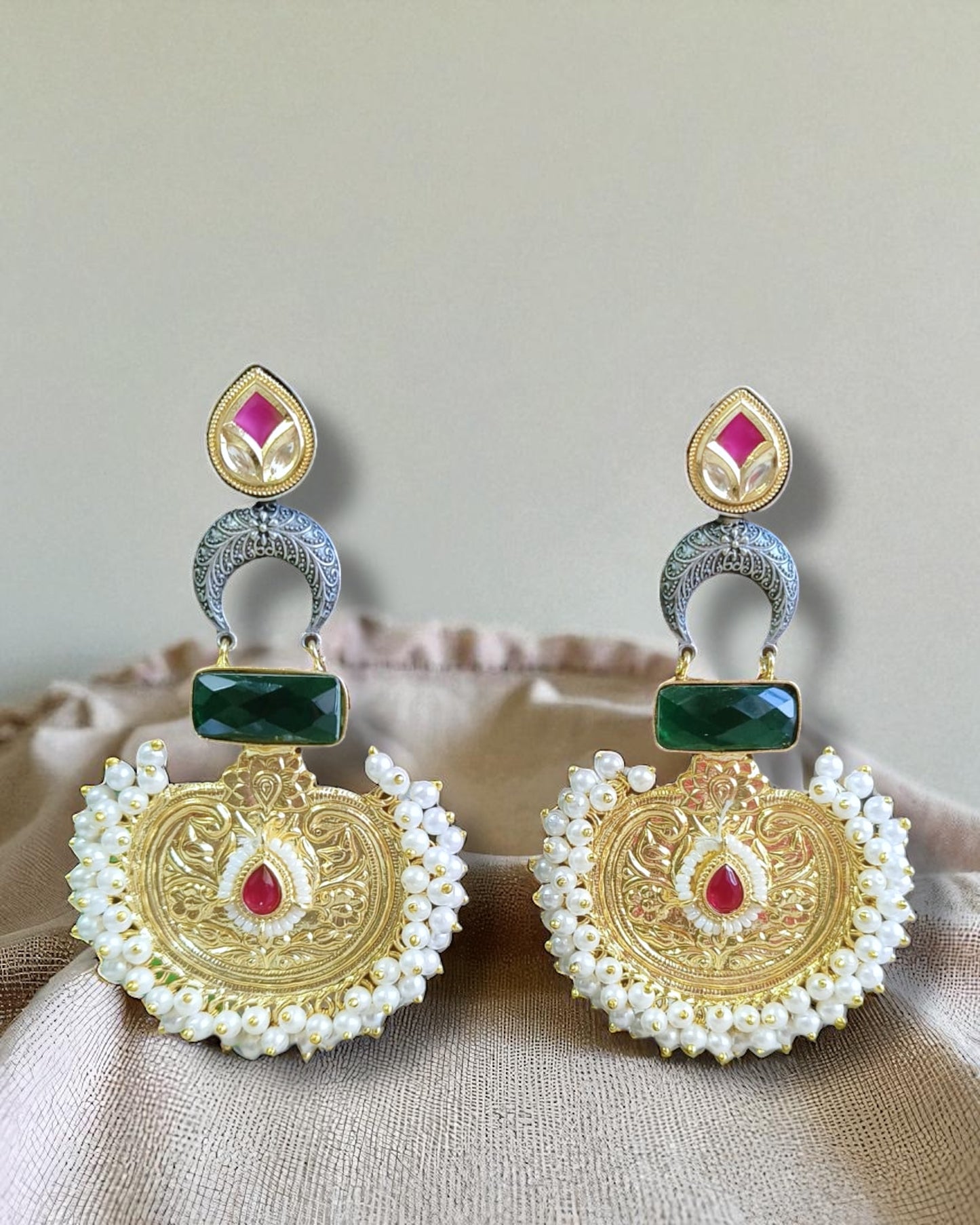 Preity प्रीति Dual Tone Silver Plated Traditional Earrings in Green
