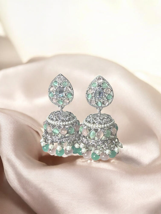 Mahaam مها‍م Polki Jhumkay in Silver, Pink, and Mint