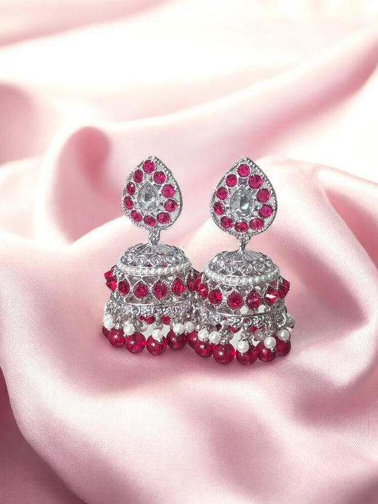 Mahaam مها‍م Polki Jhumkay in Silver and Hot Pink